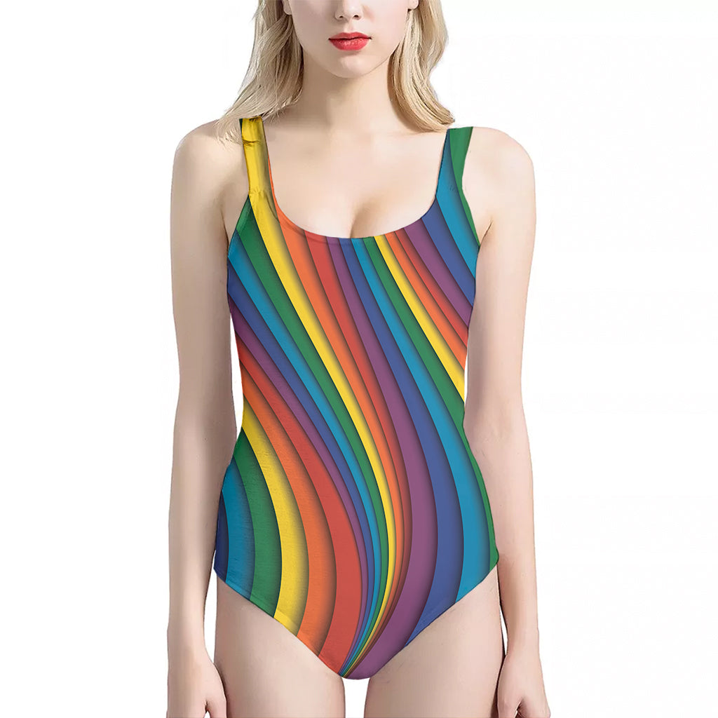 Curved Rainbow Pattern Print One Piece Halter Neck Swimsuit