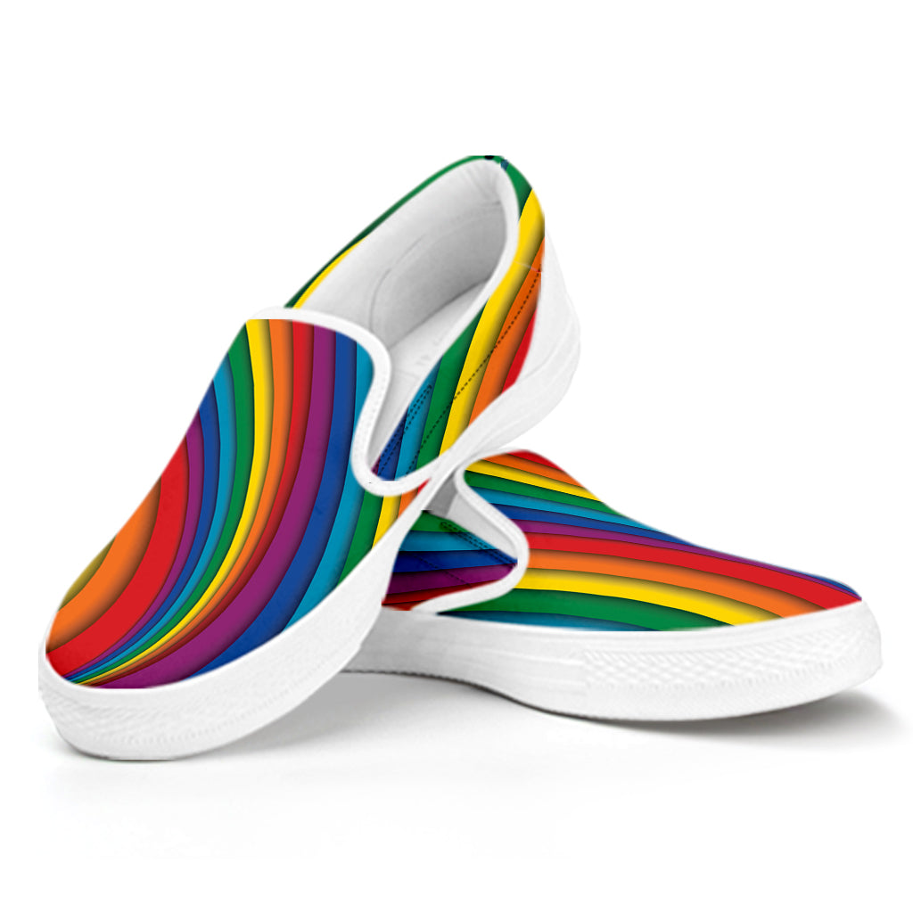 Curved Rainbow Pattern Print White Slip On Shoes