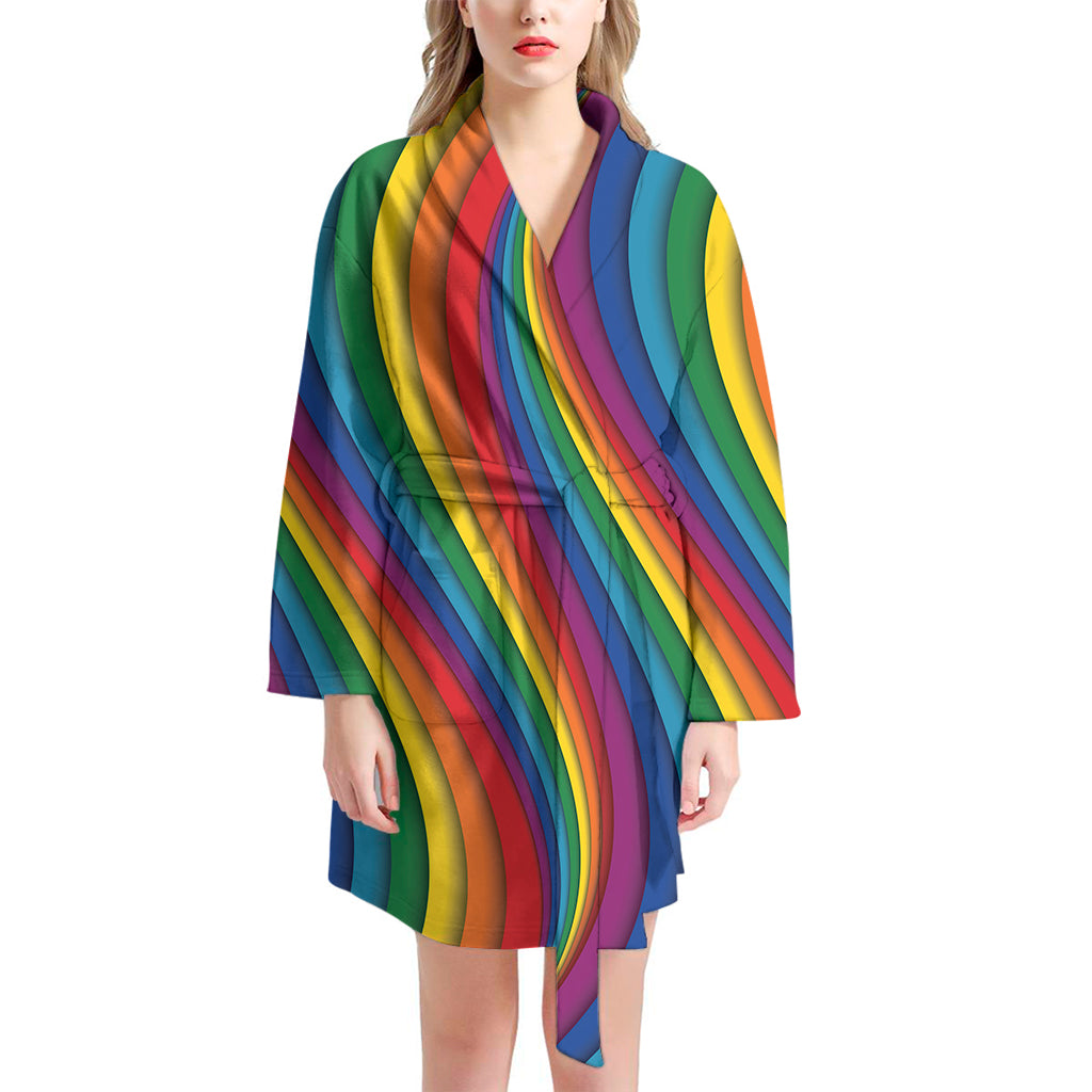 Curved Rainbow Pattern Print Women's Bathrobe