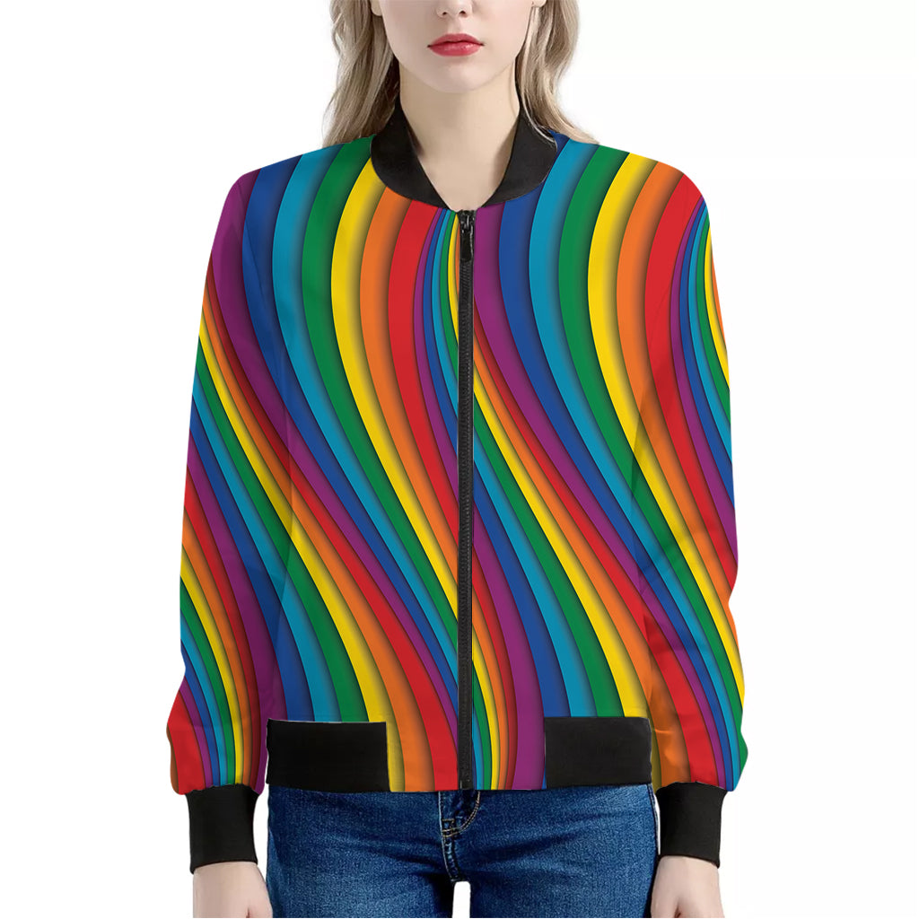 Curved Rainbow Pattern Print Women's Bomber Jacket