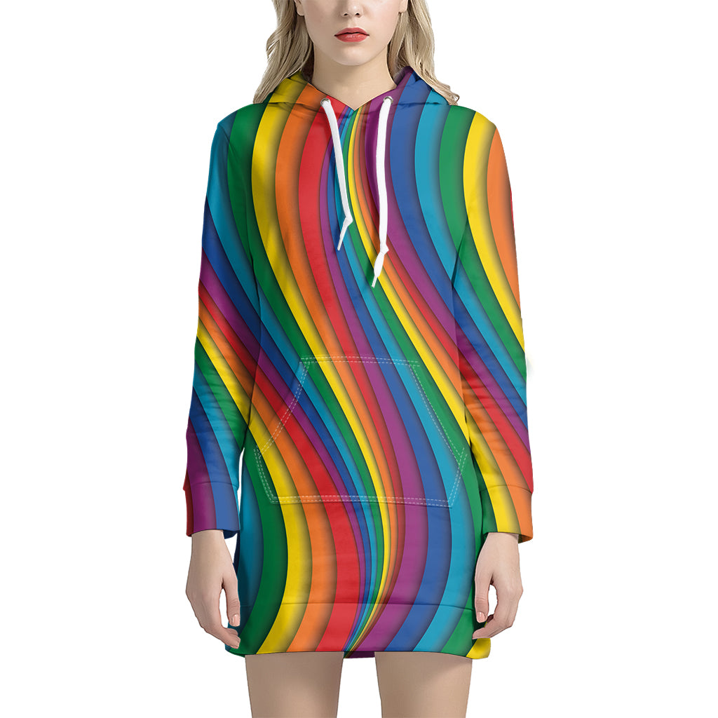 Curved Rainbow Pattern Print Women's Pullover Hoodie Dress