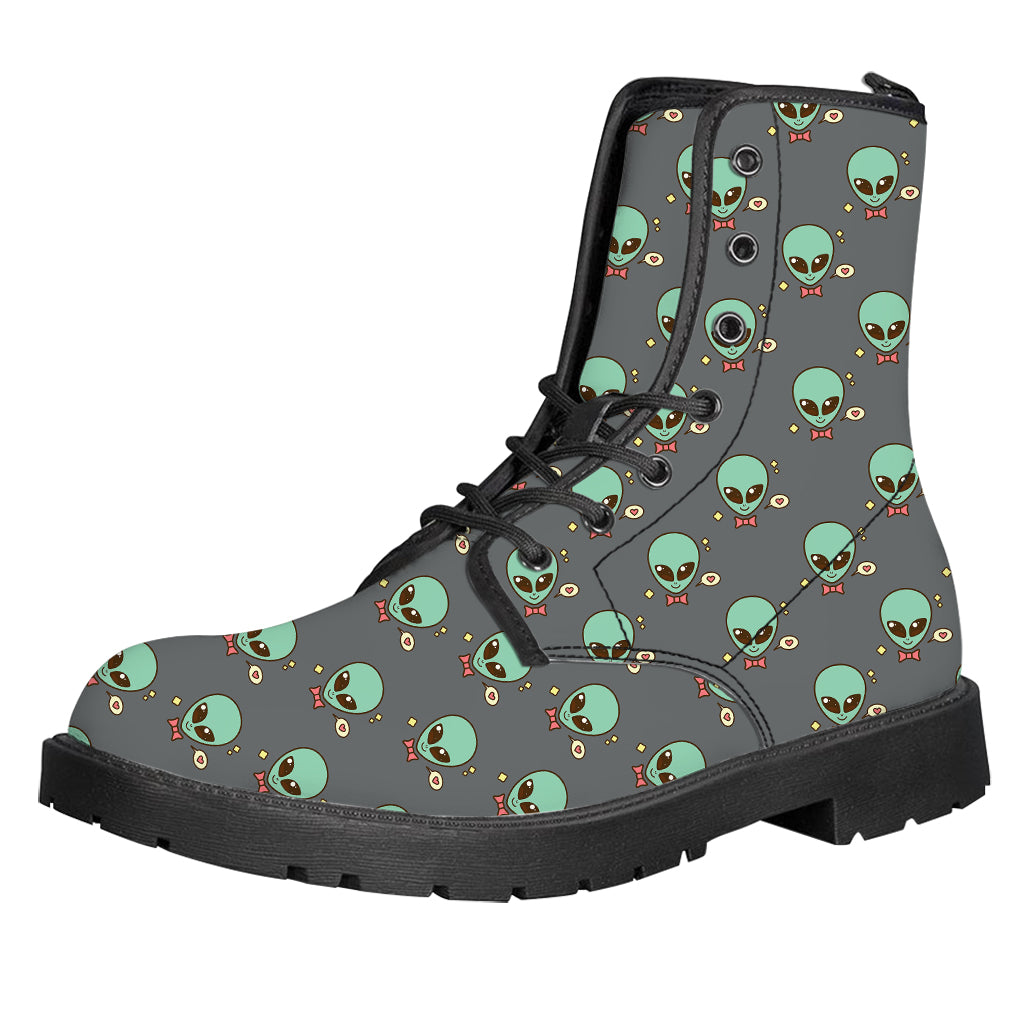 Cute Alien With Bow Tie Print Leather Boots