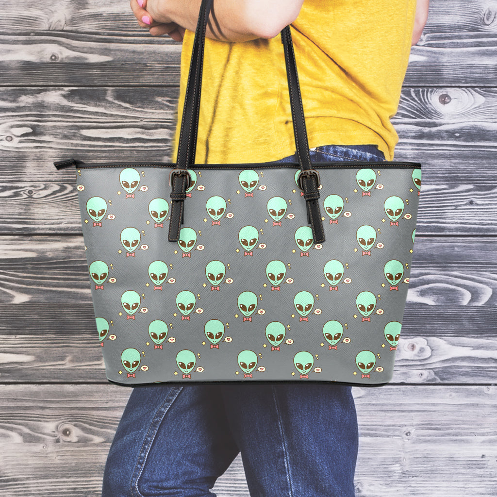 Cute Alien With Bow Tie Print Leather Tote Bag