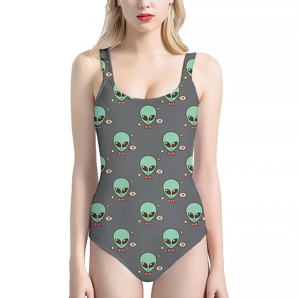 Cute Alien With Bow Tie Print One Piece Halter Neck Swimsuit