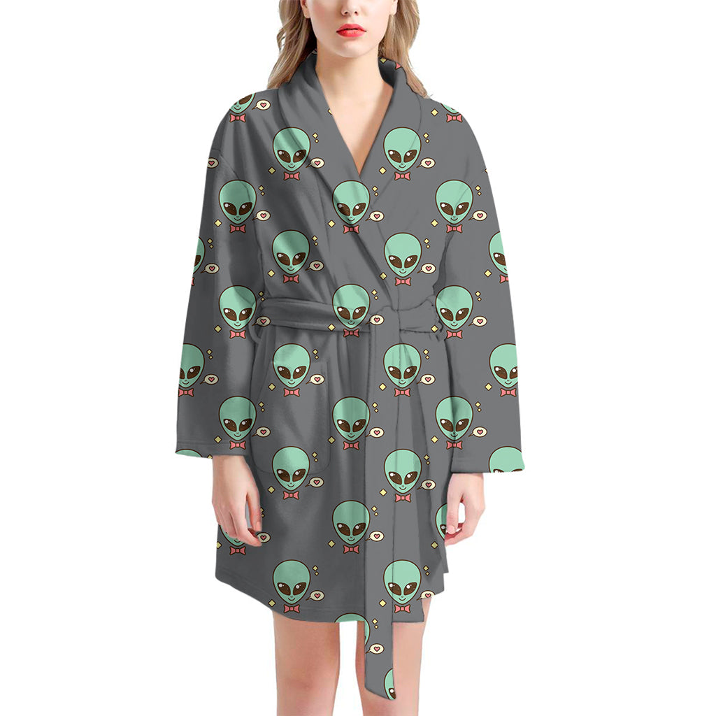 Cute Alien With Bow Tie Print Women's Bathrobe