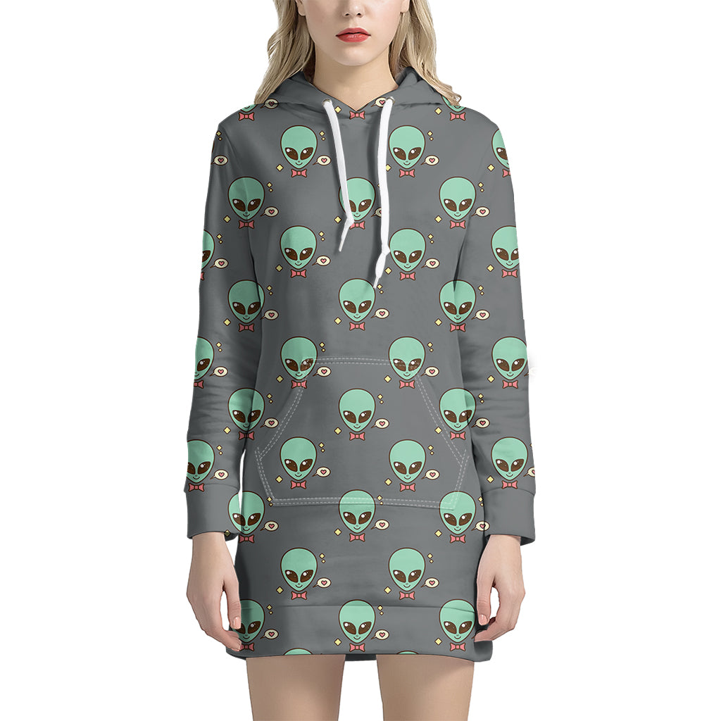 Cute Alien With Bow Tie Print Women's Pullover Hoodie Dress