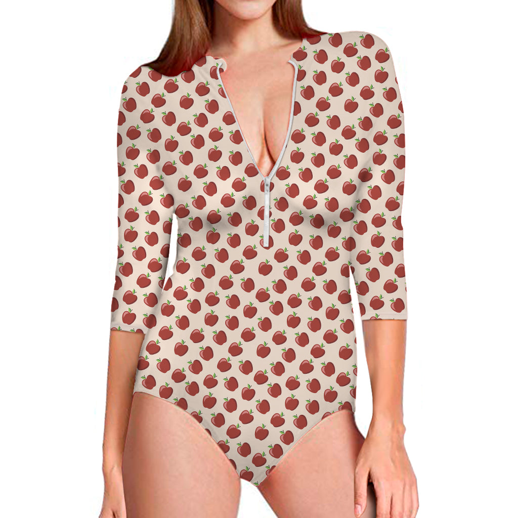 Cute Apple Pattern Print Long Sleeve One Piece Swimsuit