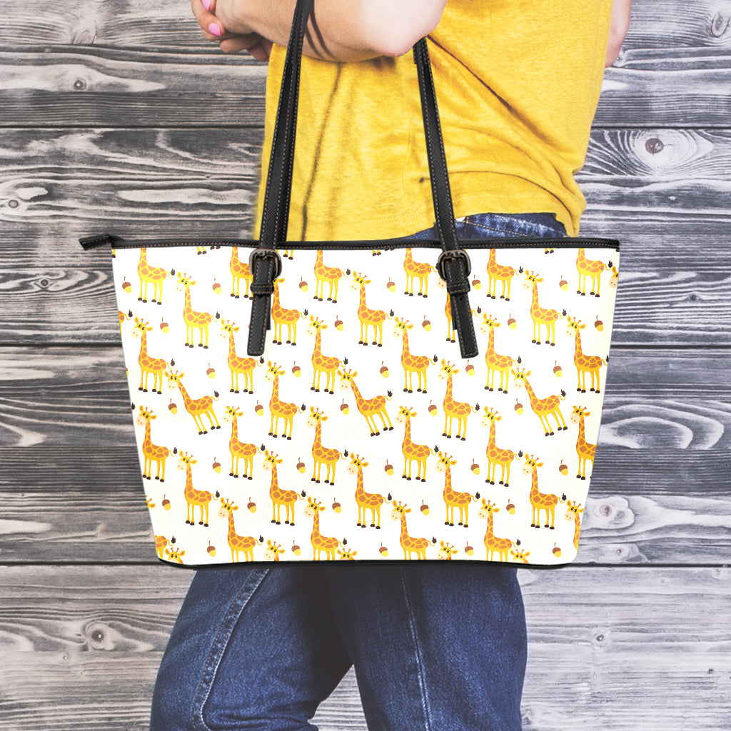 Cute Baby Giraffe Pattern Print Leather Tote Bag