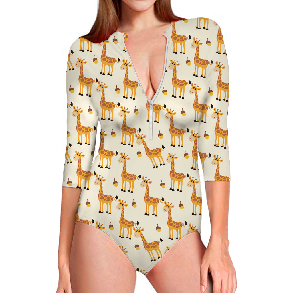 Cute Baby Giraffe Pattern Print Long Sleeve One Piece Swimsuit