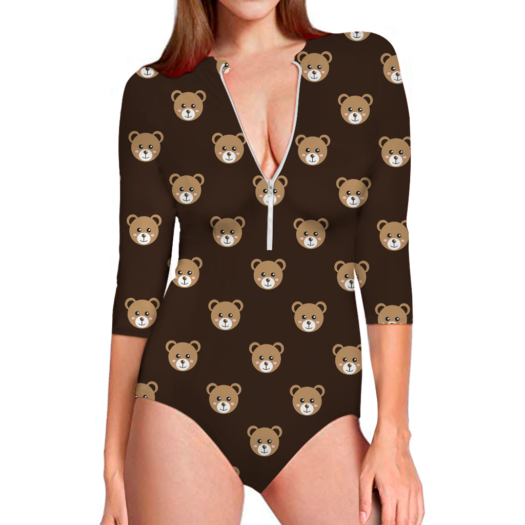 Cute Baby Grizzly Bear Pattern Print Long Sleeve One Piece Swimsuit