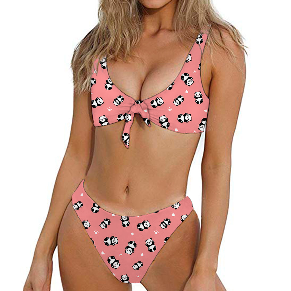 Cute Baby Panda Pattern Print Front Bow Tie Bikini