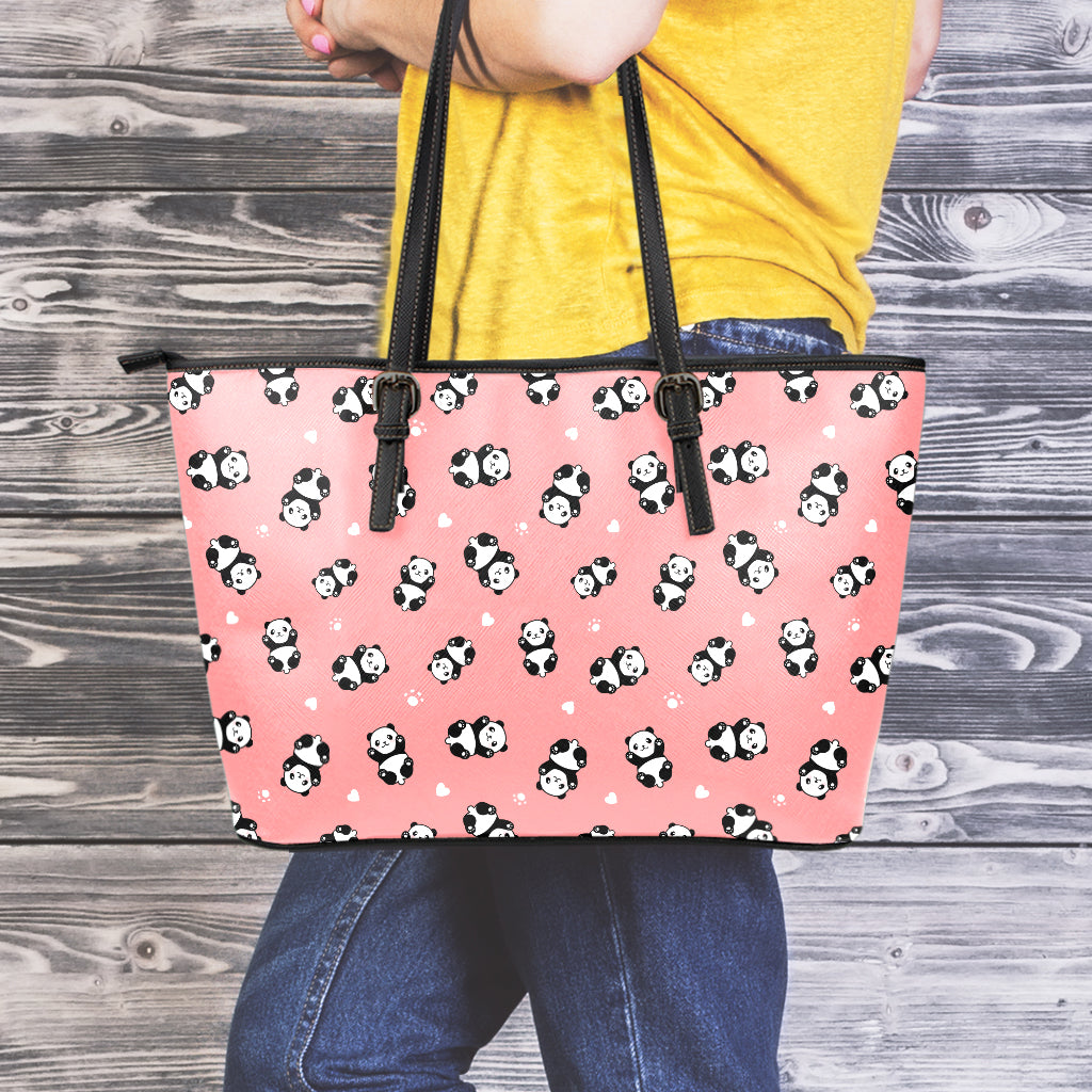 Cute Baby Panda Pattern Print Leather Tote Bag