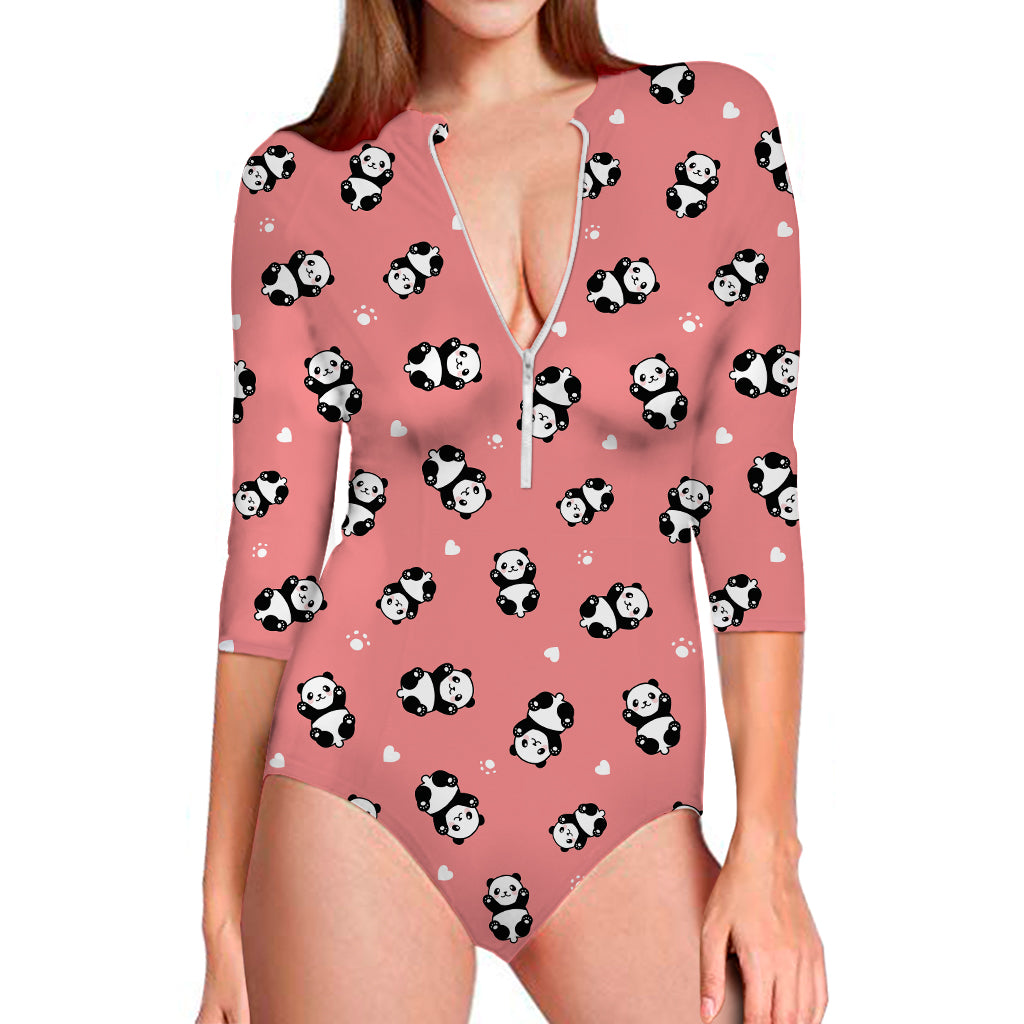 Cute Baby Panda Pattern Print Long Sleeve One Piece Swimsuit