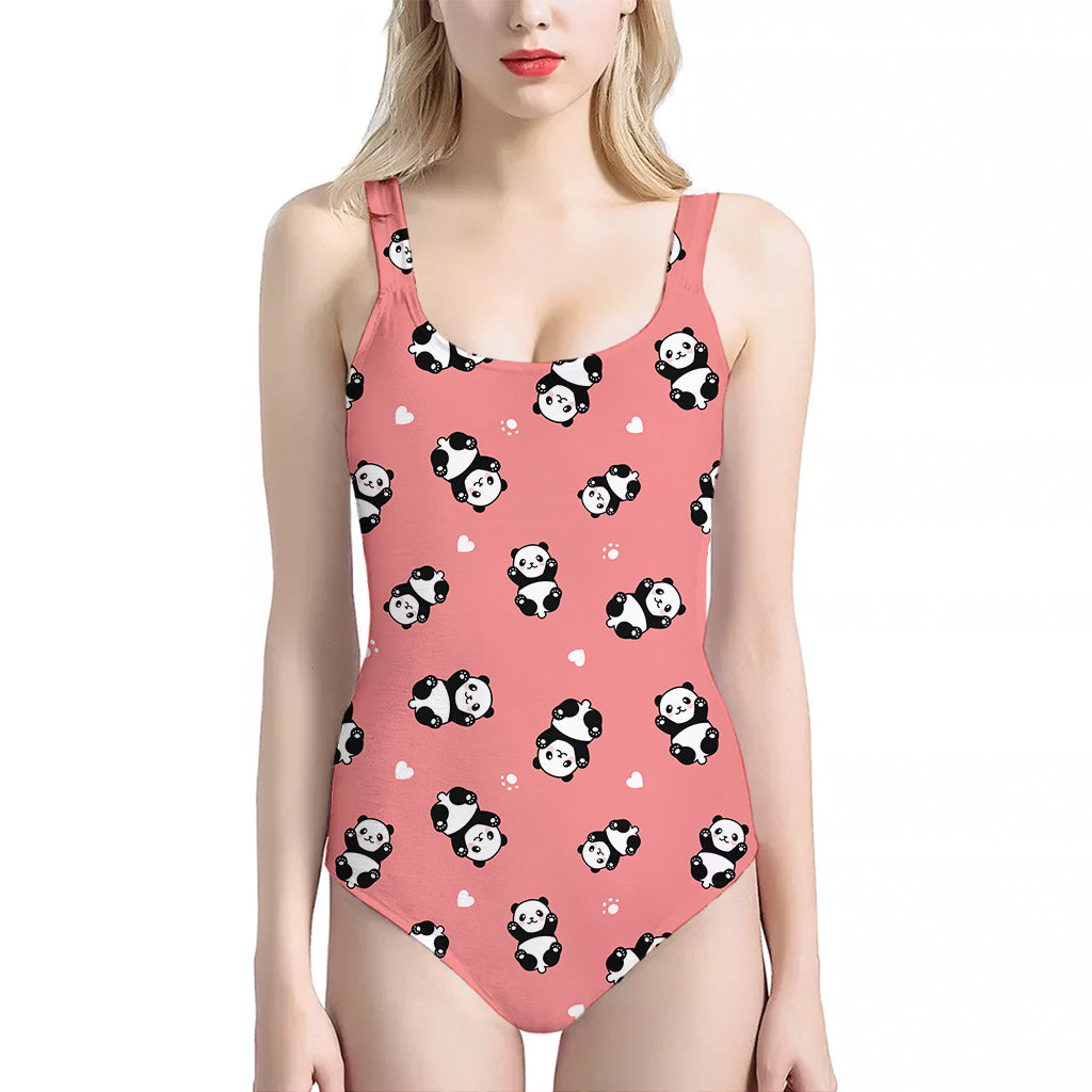 Cute Baby Panda Pattern Print One Piece Halter Neck Swimsuit