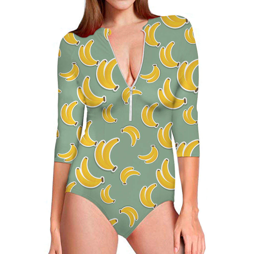 Cute Banana Pattern Print Long Sleeve One Piece Swimsuit