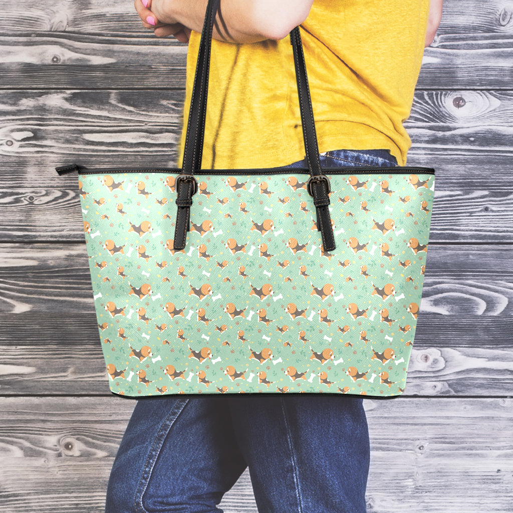 Cute Beagle Puppy Pattern Print Leather Tote Bag