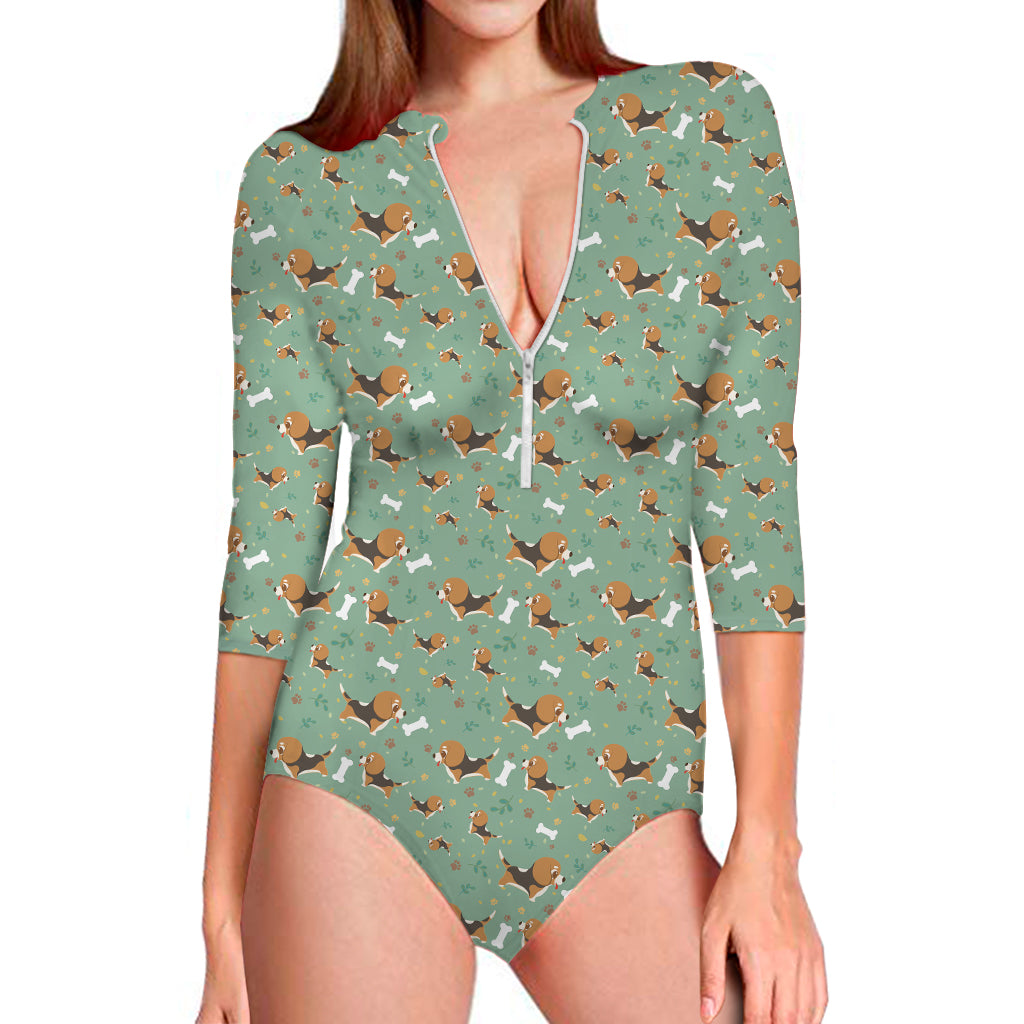 Cute Beagle Puppy Pattern Print Long Sleeve One Piece Swimsuit