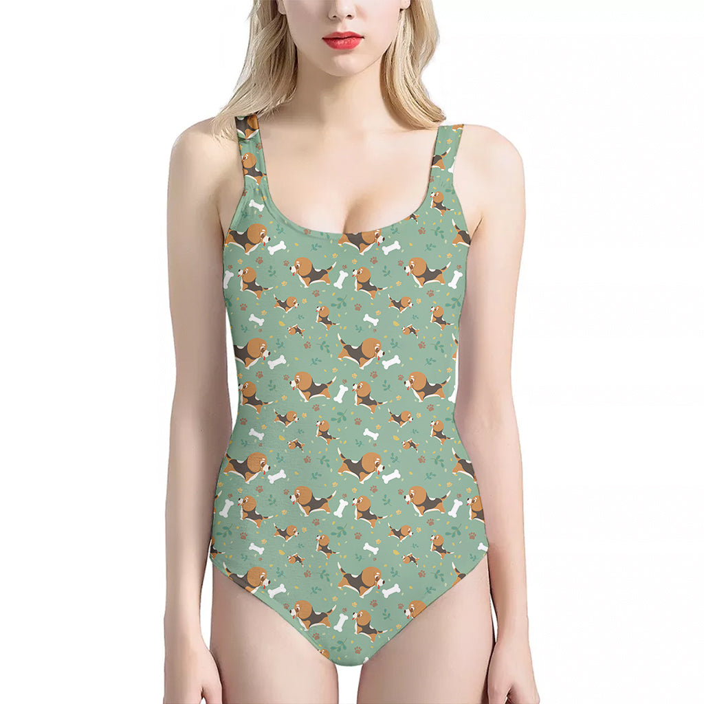 Cute Beagle Puppy Pattern Print One Piece Halter Neck Swimsuit