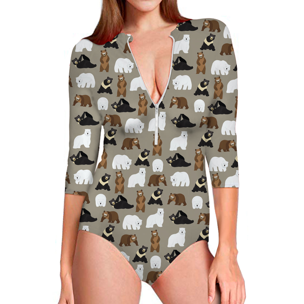 Cute Bear Pattern Print Long Sleeve One Piece Swimsuit