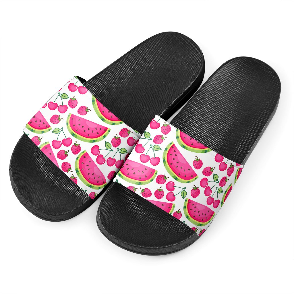 Cute Berry Watermelon Pattern Print Black Slide Sandals