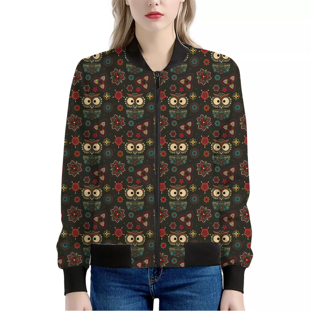 Cute Boho Owl Pattern Print Women's Bomber Jacket