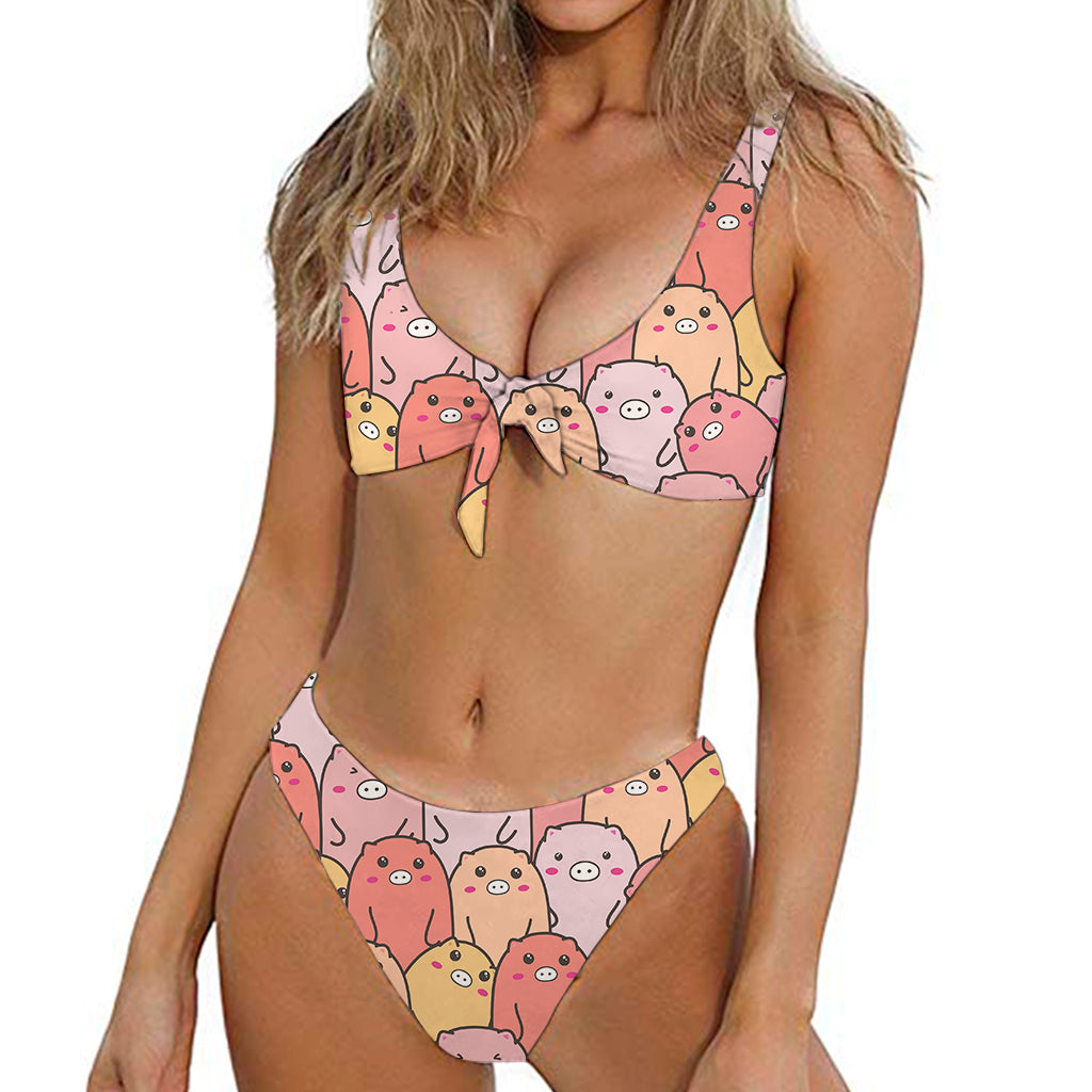 Cute Cartoon Pig Pattern Print Front Bow Tie Bikini