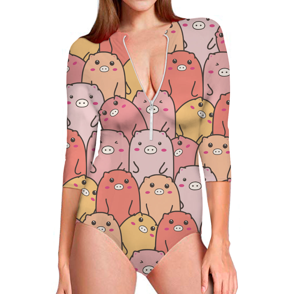 Cute Cartoon Pig Pattern Print Long Sleeve One Piece Swimsuit