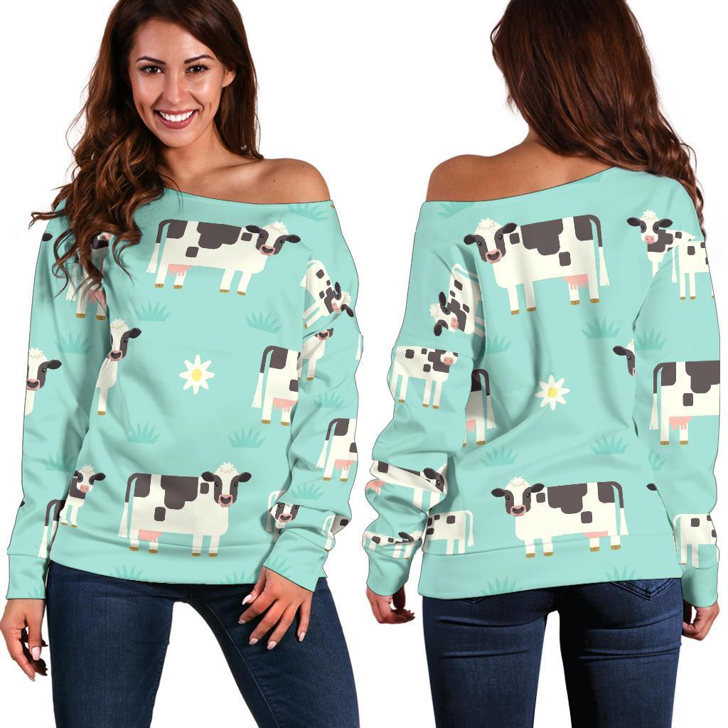 Cute Cow And Baby Cow Pattern Print Women's Off-Shoulder Sweatshirt