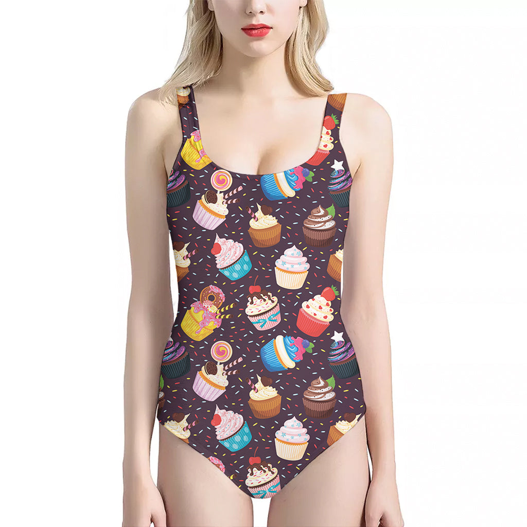 Cute Cupcake Pattern Print One Piece Halter Neck Swimsuit