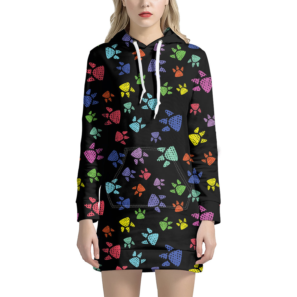 Cute Dino Footprint Pattern Print Women's Pullover Hoodie Dress