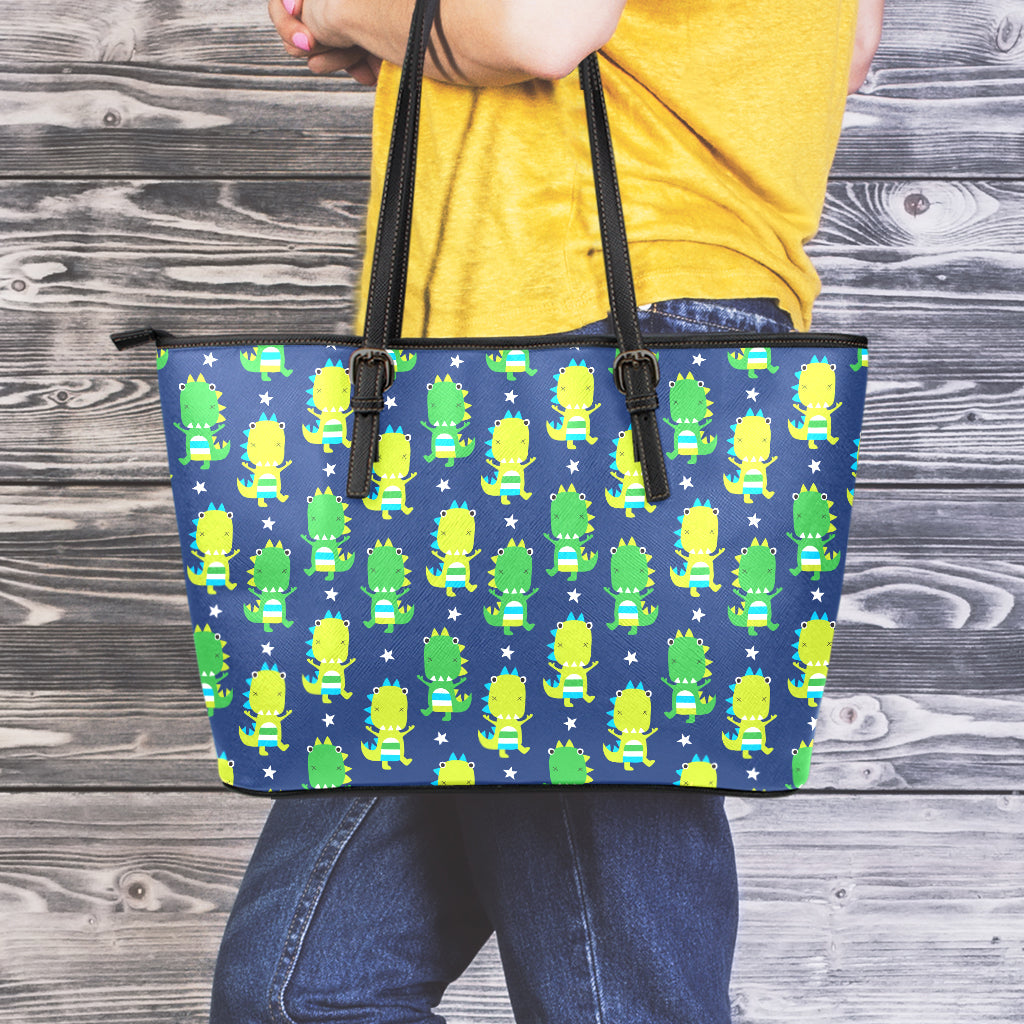 Cute Dino T-Rex Pattern Print Leather Tote Bag