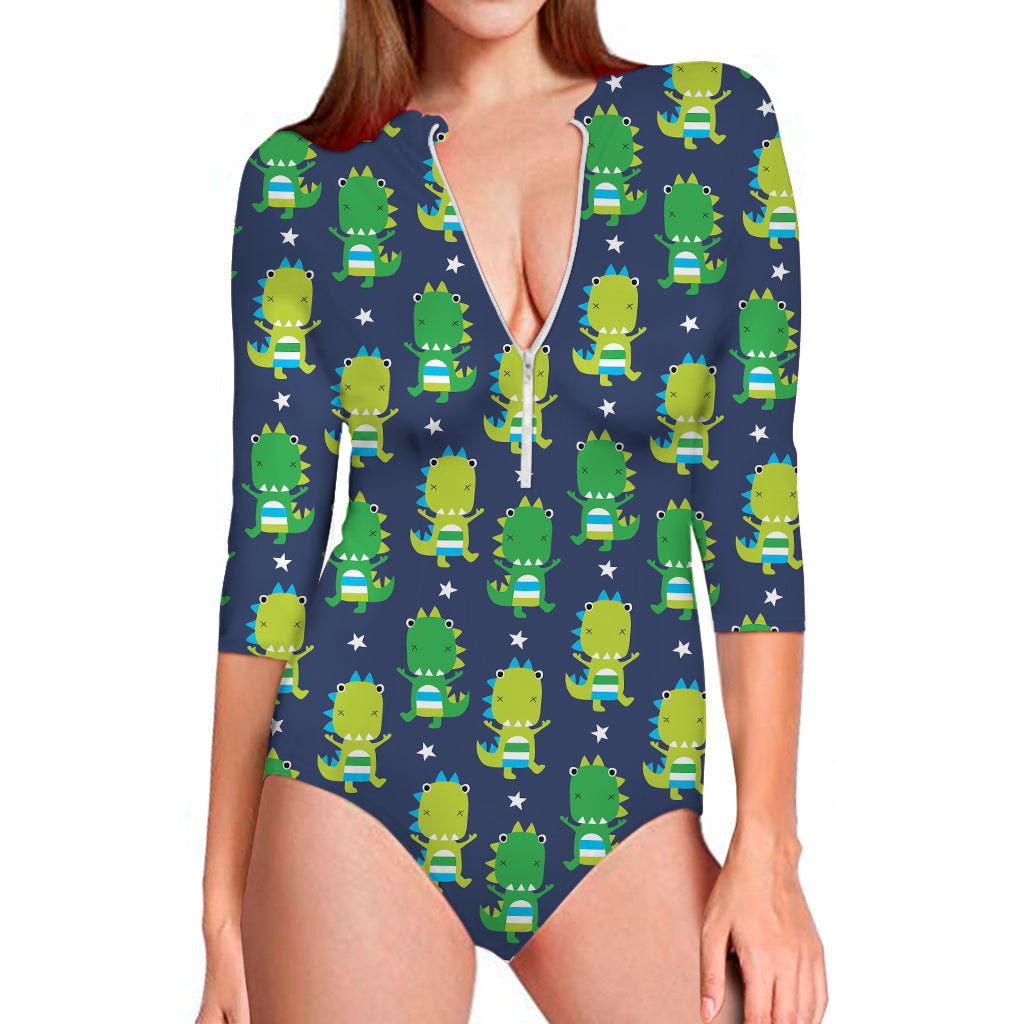 Cute Dino T-Rex Pattern Print Long Sleeve One Piece Swimsuit