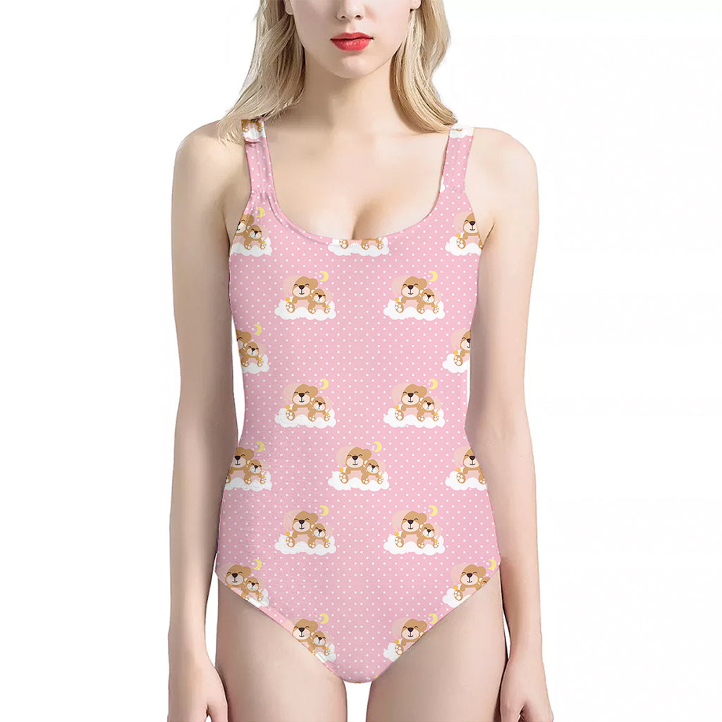 Cute Polka Dot Baby Bear Pattern Print One Piece Halter Neck Swimsuit