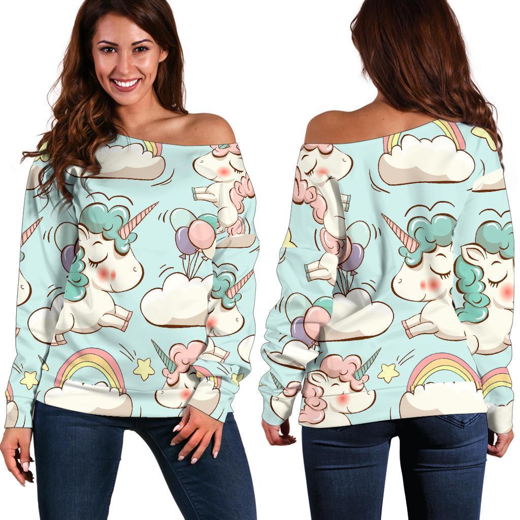 Cute Rainbow Unicorn Pattern Print Women's Off-Shoulder Sweatshirt