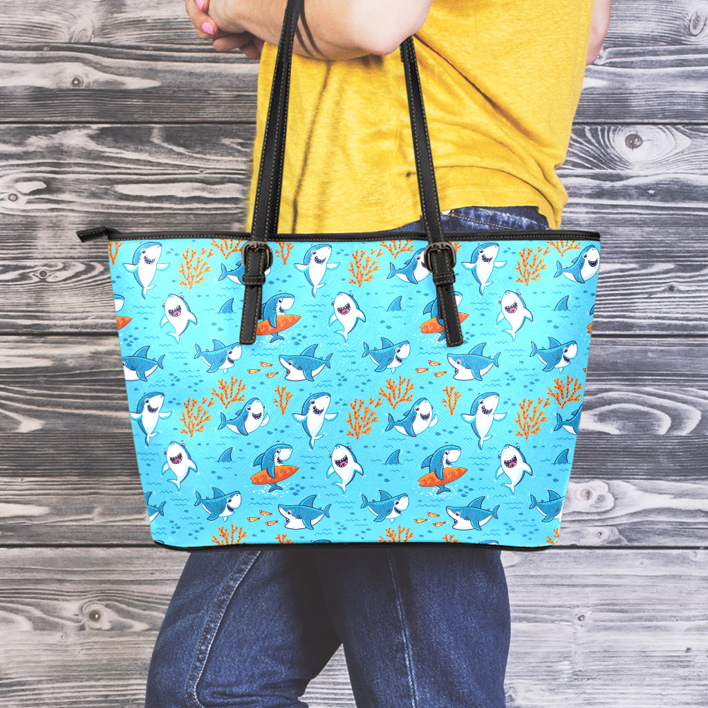 Cute Shark Pattern Print Leather Tote Bag