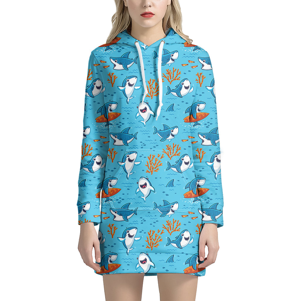 Cute Shark Pattern Print Women's Pullover Hoodie Dress