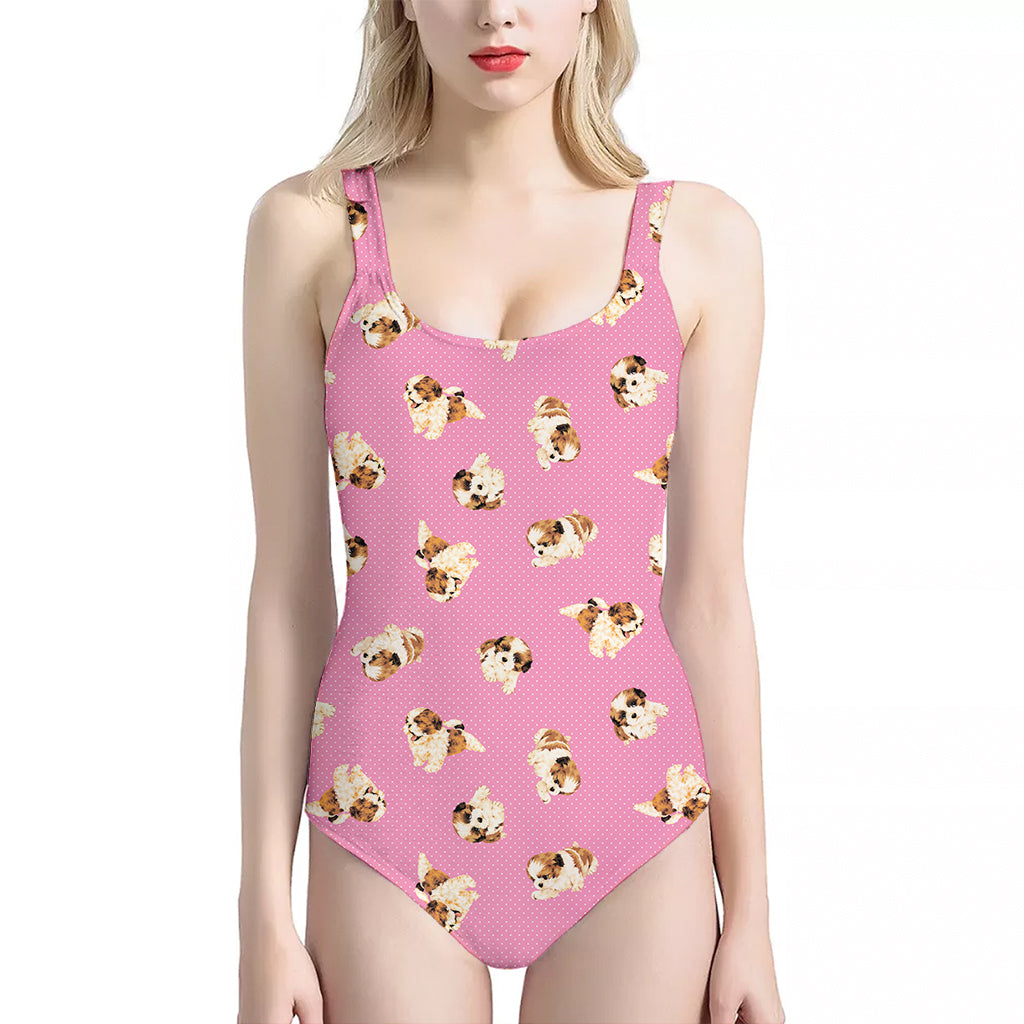 Cute Shih Tzu Pattern Print One Piece Halter Neck Swimsuit