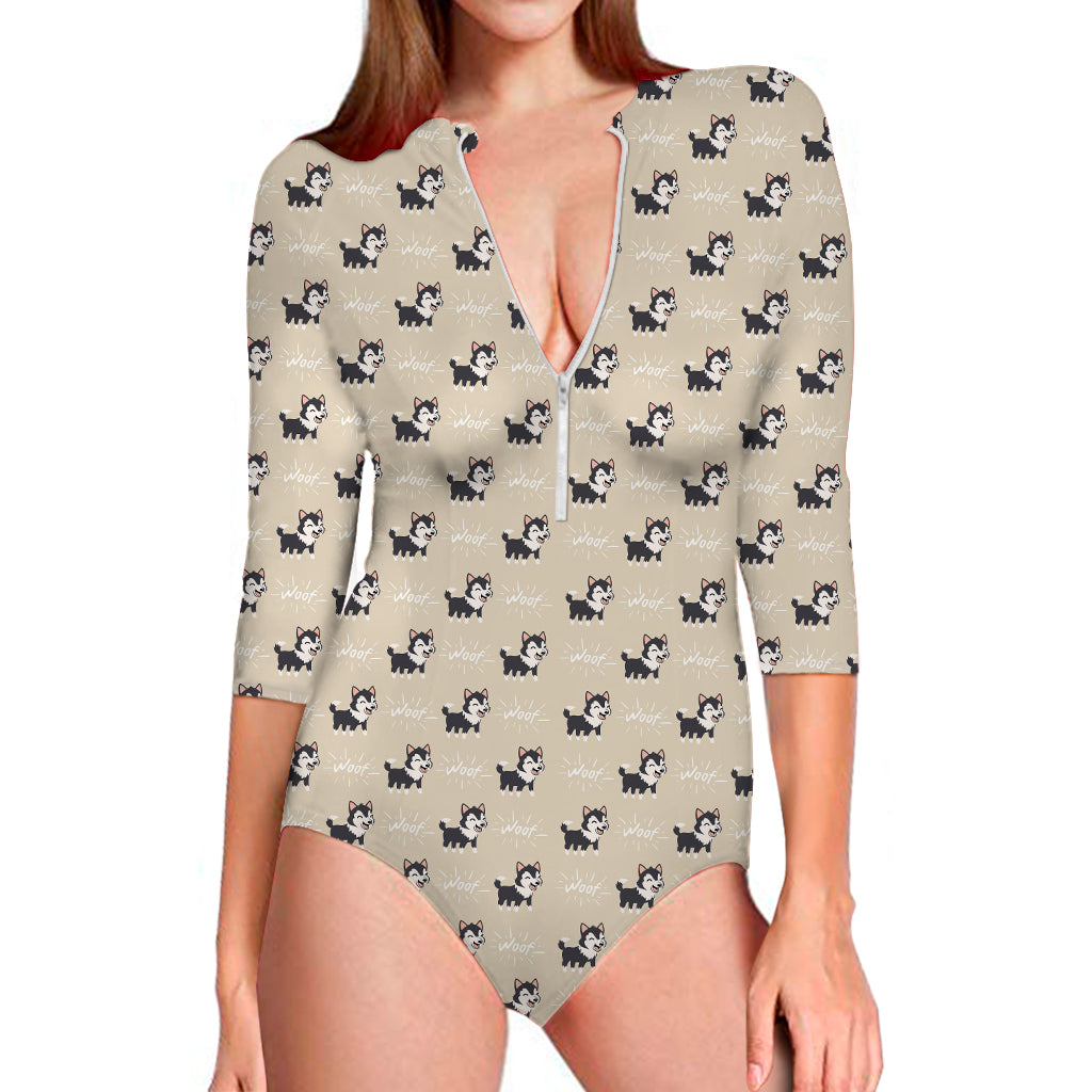 Cute Siberian Husky Pattern Print Long Sleeve One Piece Swimsuit