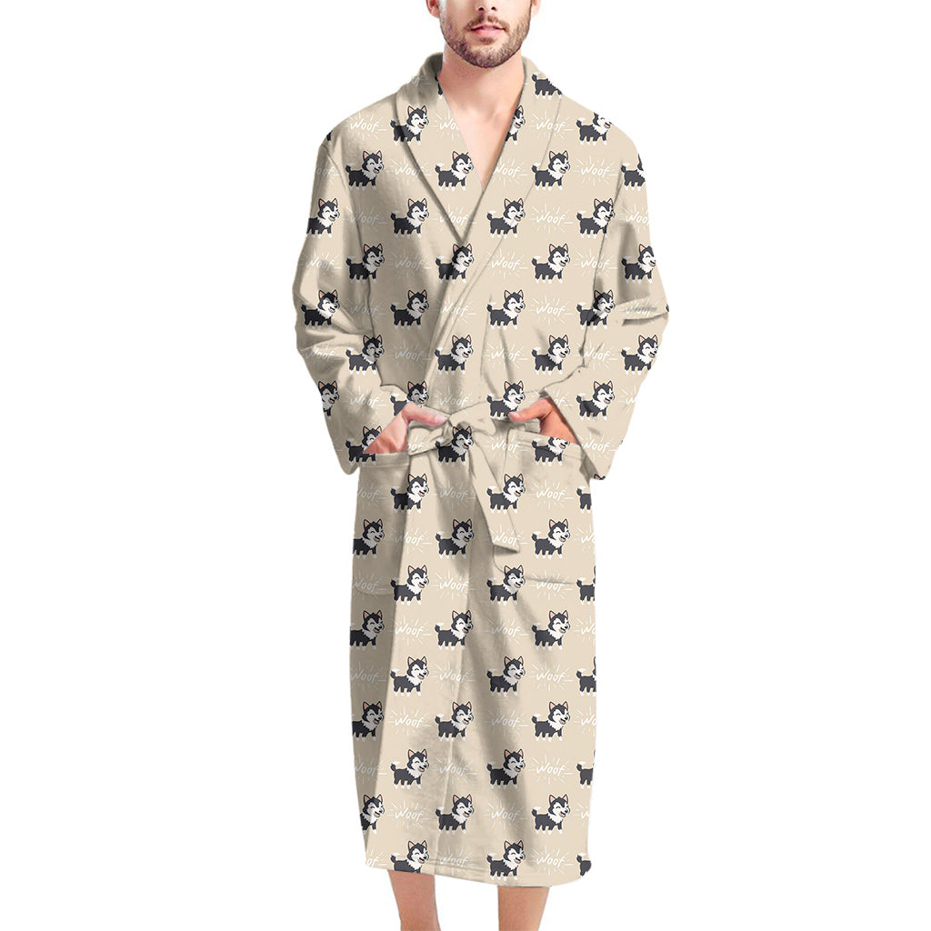 Cute Siberian Husky Pattern Print Men's Bathrobe