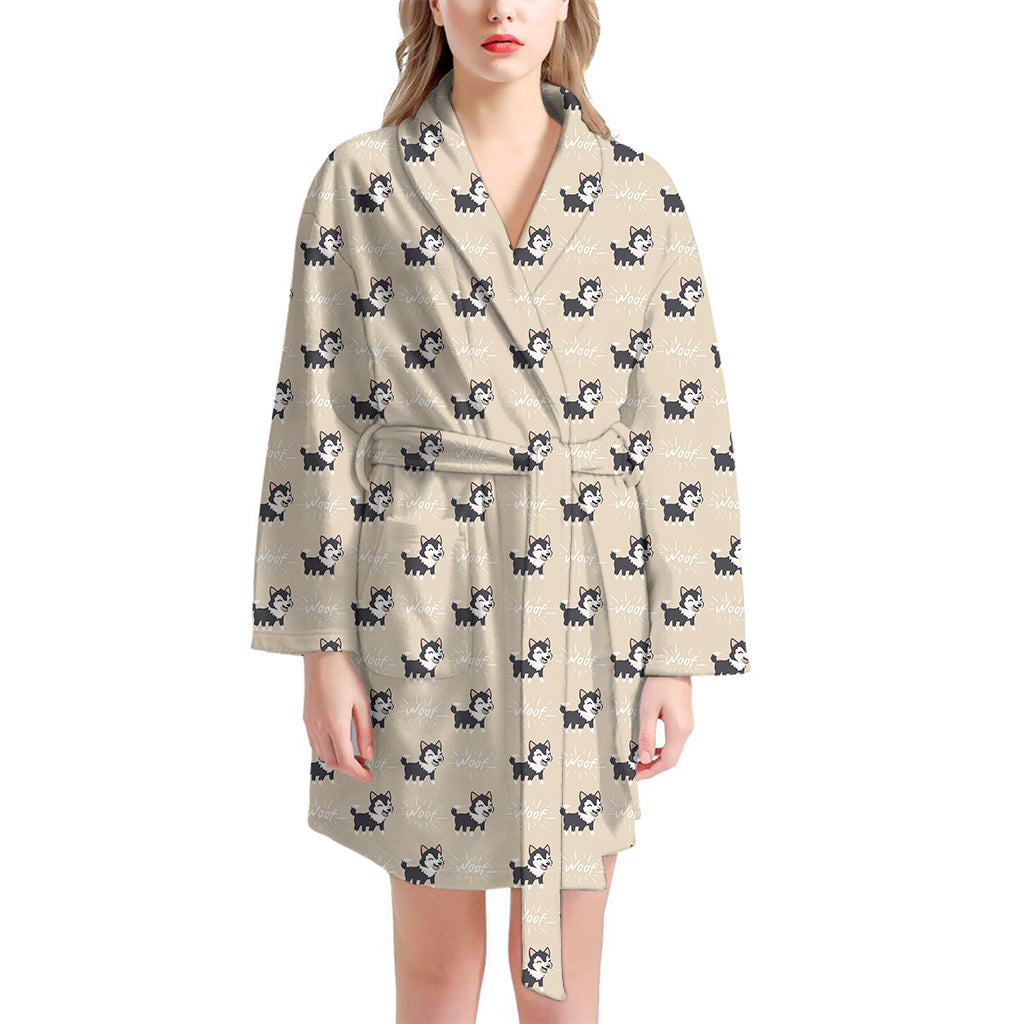 Cute Siberian Husky Pattern Print Women's Bathrobe