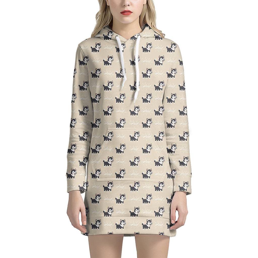 Cute Siberian Husky Pattern Print Women's Pullover Hoodie Dress