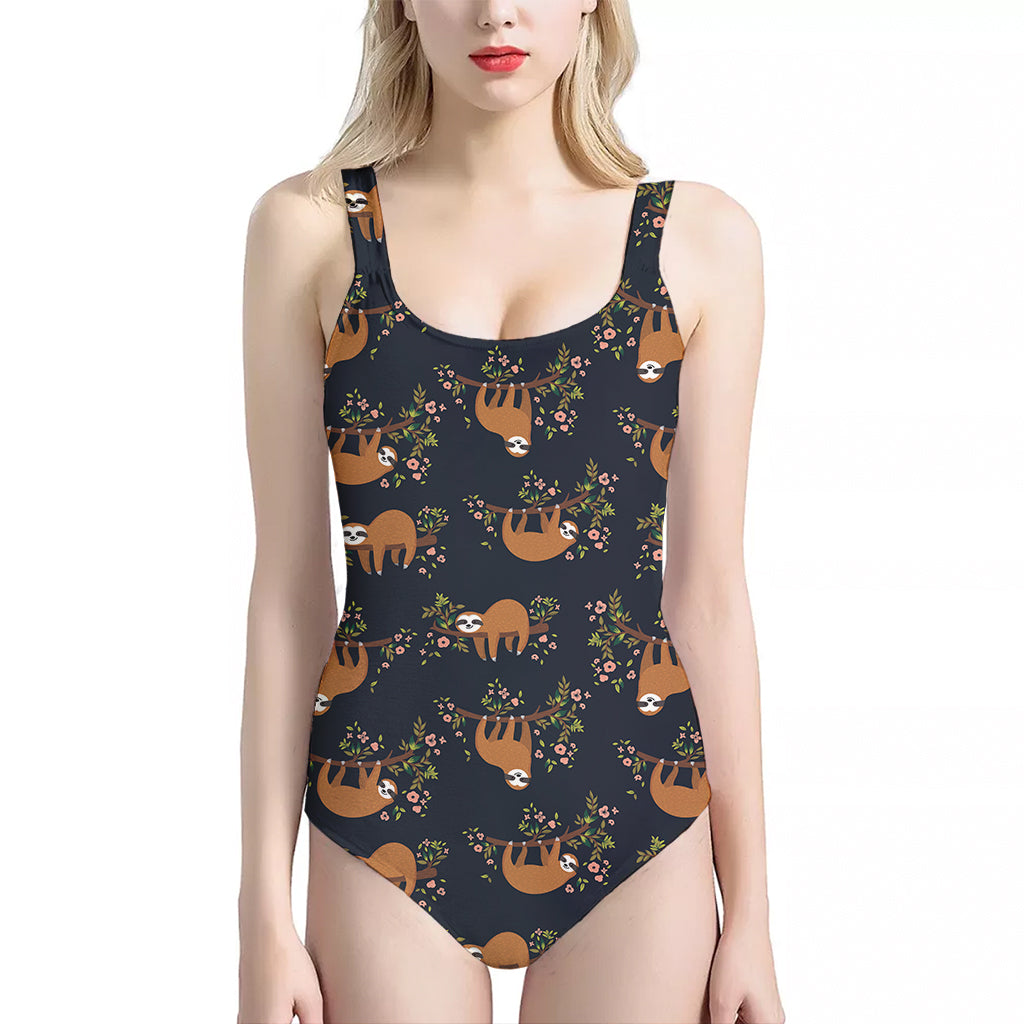 Cute Sloth Pattern Print One Piece Halter Neck Swimsuit