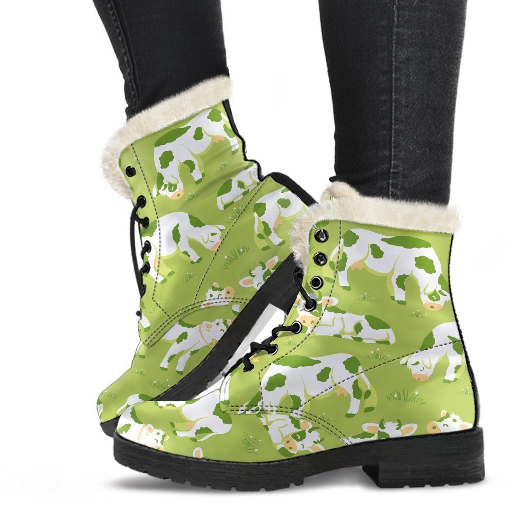 Cute Smiley Cow Pattern Print Faux Fur Leather Boots