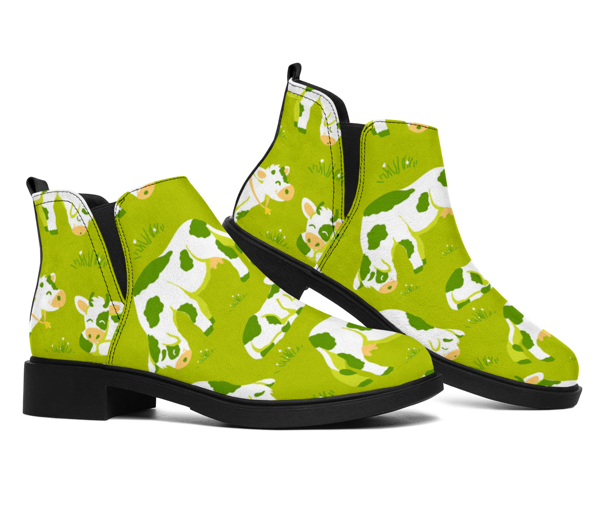 Cute Smiley Cow Pattern Print Flat Ankle Boots