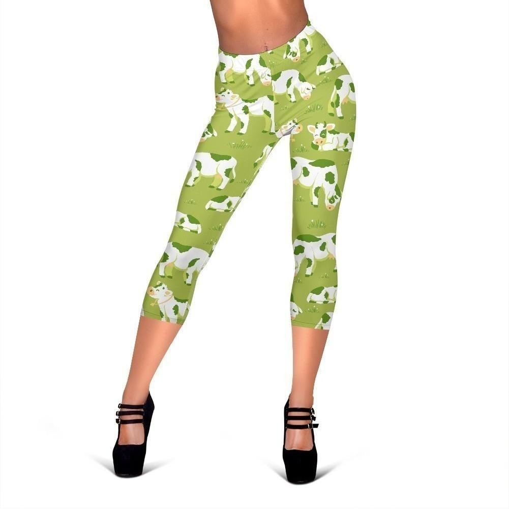 Cute Smiley Cow Pattern Print Women's Capri Leggings