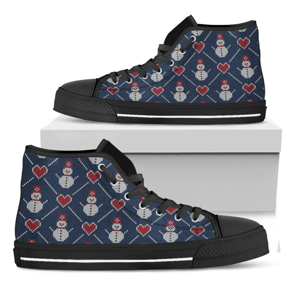 Cute Snowman Knitted Pattern Print Black High Top Shoes