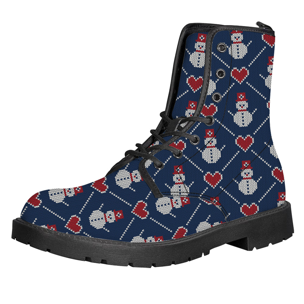 Cute Snowman Knitted Pattern Print Leather Boots