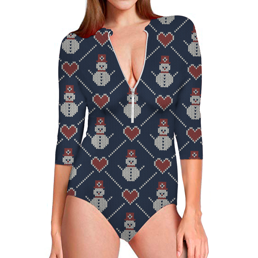 Cute Snowman Knitted Pattern Print Long Sleeve One Piece Swimsuit