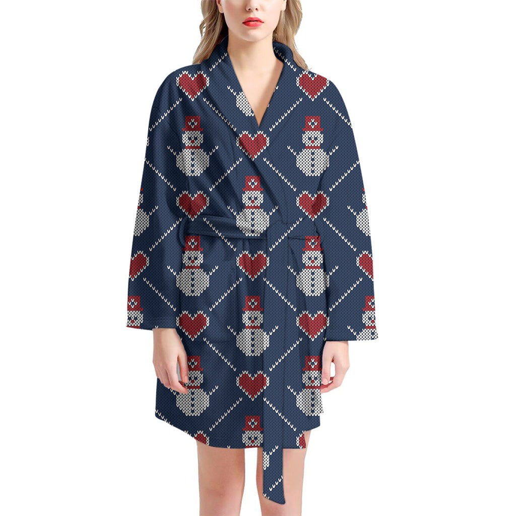 Cute Snowman Knitted Pattern Print Women's Bathrobe