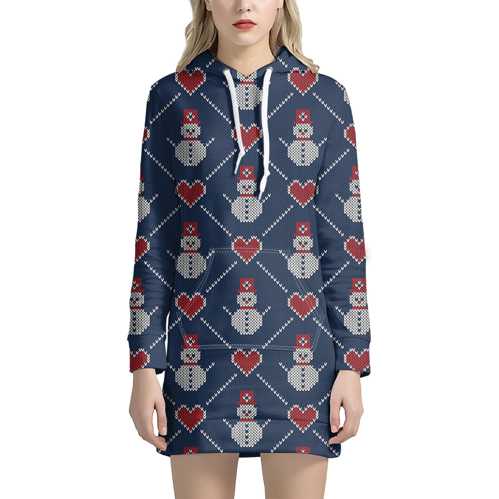 Cute Snowman Knitted Pattern Print Women's Pullover Hoodie Dress